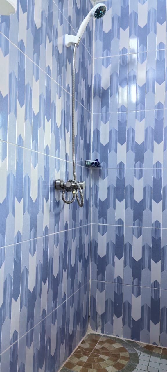 Salle de bain avec carrelage bleu et WC privatif